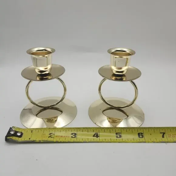Gold Tone Metal Ring Taper Candle Holders Pair Modern Minimalist Round Base - Picture 2 of 8